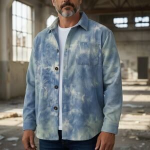 Mens Button Down Size XL Tie Dye Corduroy Hippie Blue White Tie Dye Cloud Sky